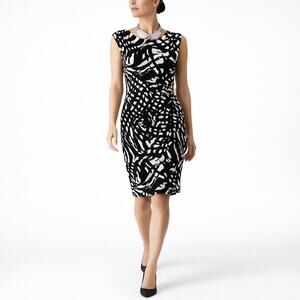 Ronni Nicole Black White Abstract Faux Wrap Dress 8 Ruched Sheath Cocktail
